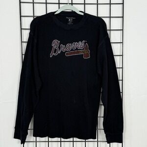 Vintage Atlanta Braves Thermal Pullover Mens Large Blue Spell Out Tomahawk Y2K
